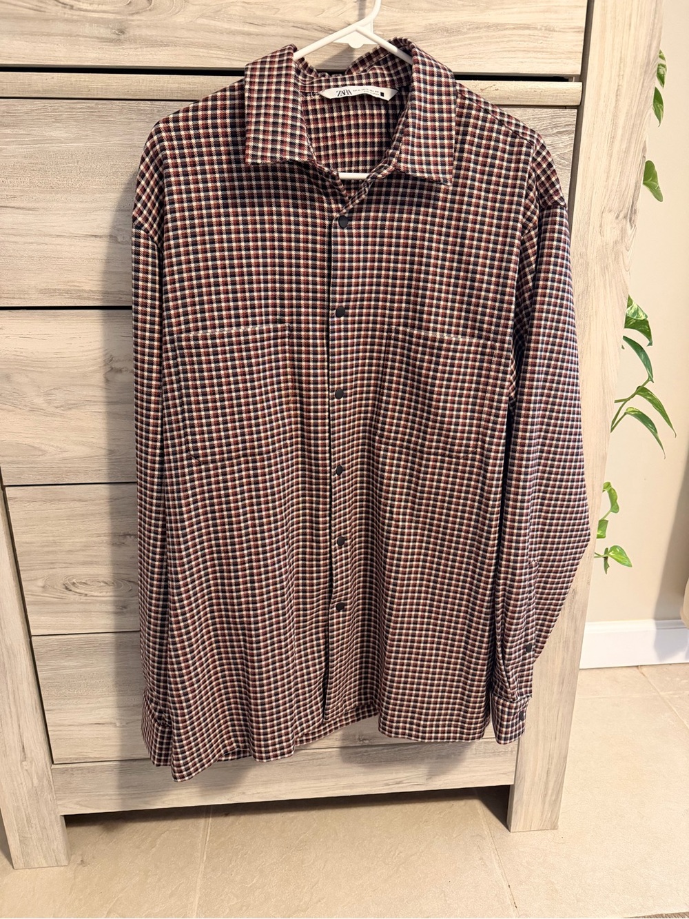 Zara Men's Burgundy and Navy Check Long-Sleeve Button-Down Shirt